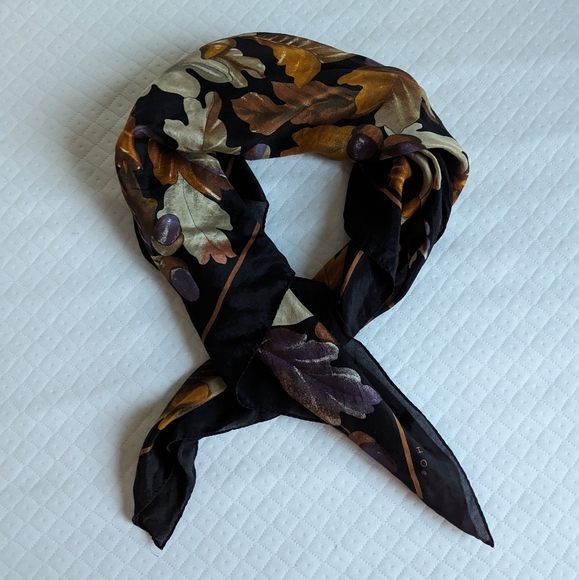 Echo Silk Square Scarf,  Fall Leaves Acorns Black, Brown 30x30 - Picture 2 of 6